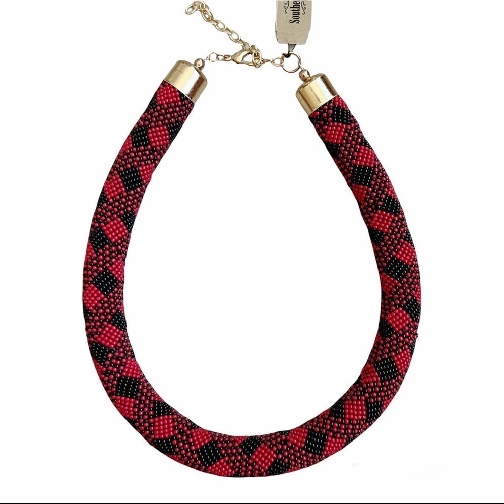 Southern Living Red & Black Beaded Plaid Collar Necklace NWT